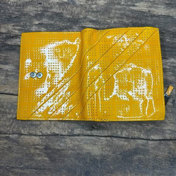 Lodis Mustard Yellow Patent Leather Wallet Perforated Bifold Zip Coin Pocket - Picture 11 of 11